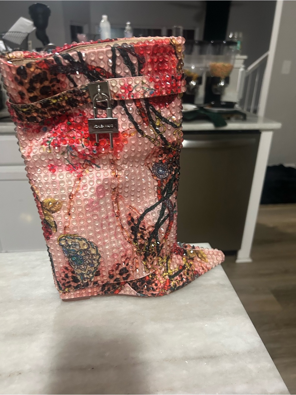 Floral Pink Studded Wedge Bootie with Padlock Charm
